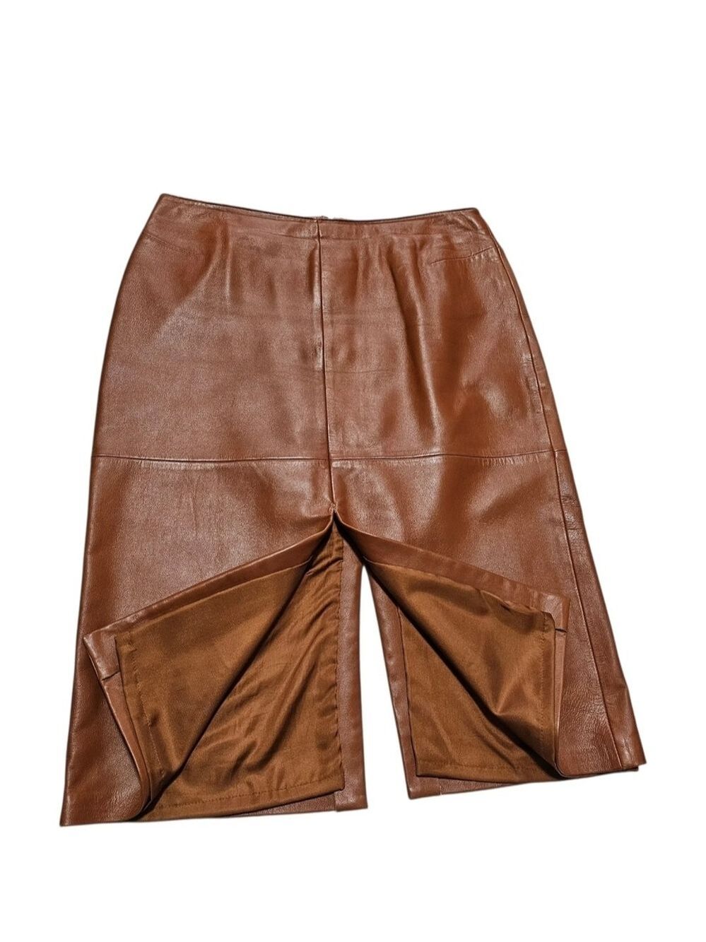 Vintage CACHÉ Leather Midi Skirt Brown Front Back Slit Y2K Size 8 Quiet Luxury